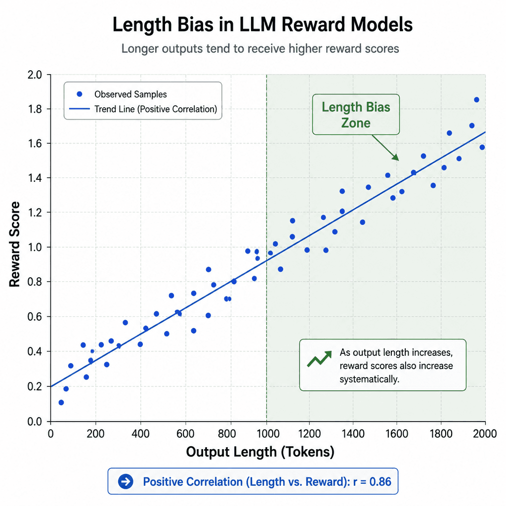 A line graph plotting reward score against output length, showing a positive correlation where longer responses get higher scores, illustrating length bias.
