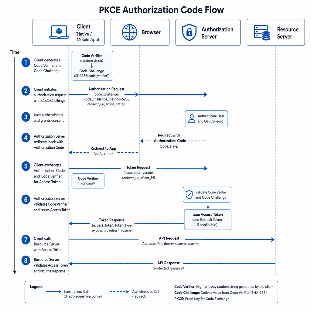 Technical architecture diagram showing four roles : Resource Owner, Client, Authorization Server, and Resource Server. Arrows indicate token flow and authorization delegation. Clean, minimalist style, blue and grey palette, white background, clear labels.