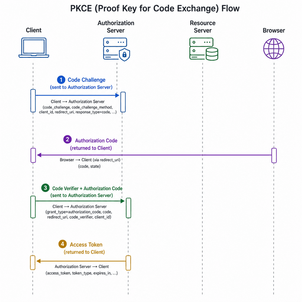 Sequence diagram illustrating the PKCE flow. Four vertical lines : Client, Authorization Server, Resource Server, Browser. Steps : 1. Code Challenge sent to AS. 2. Auth Code returned to Client. 3. Code Verifier sent with Auth Code to AS. 4. Access Token returned. Clean technic…