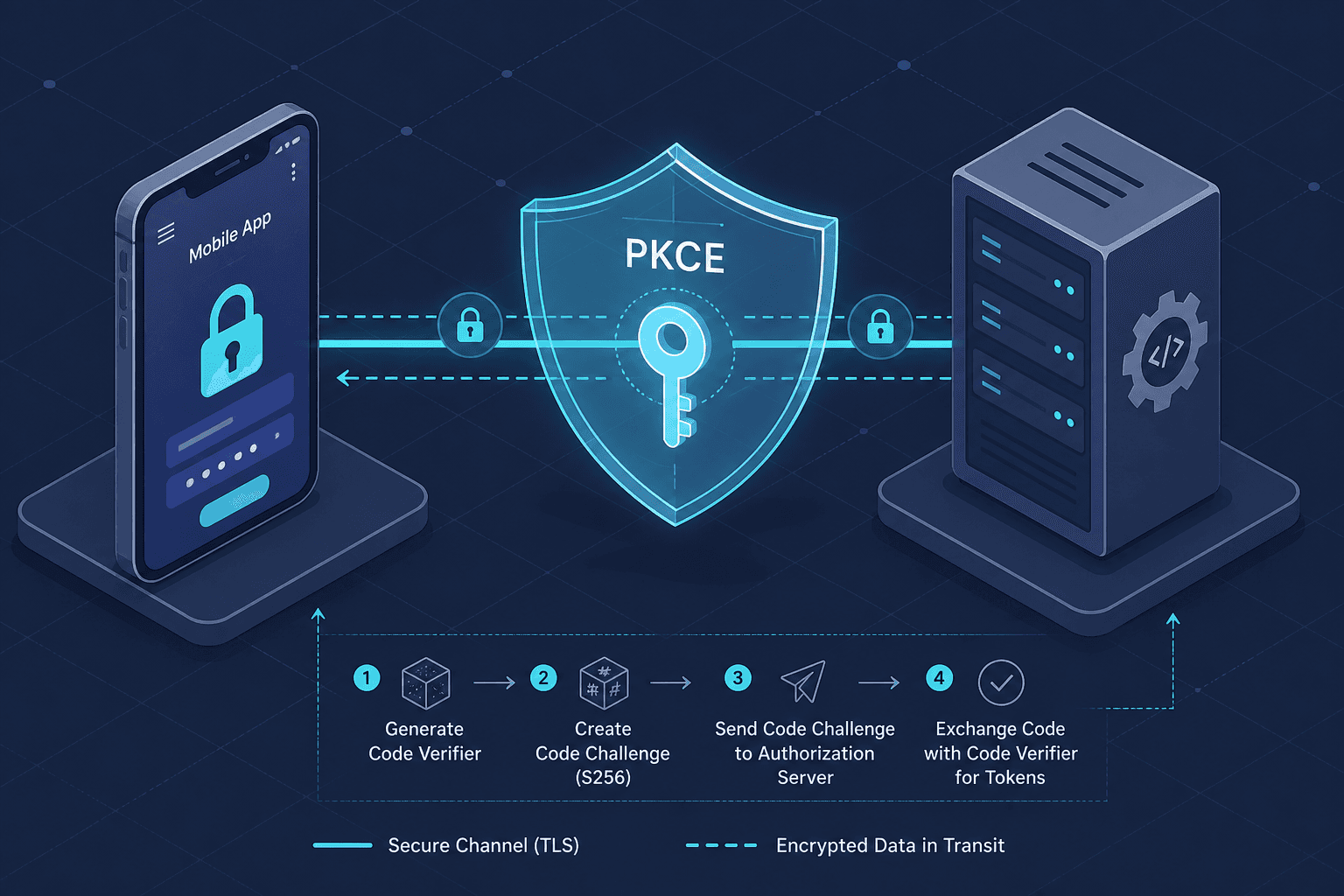 Diagram illustrating the PKCE challenge and verifier mechanism in OAuth 2.0.
