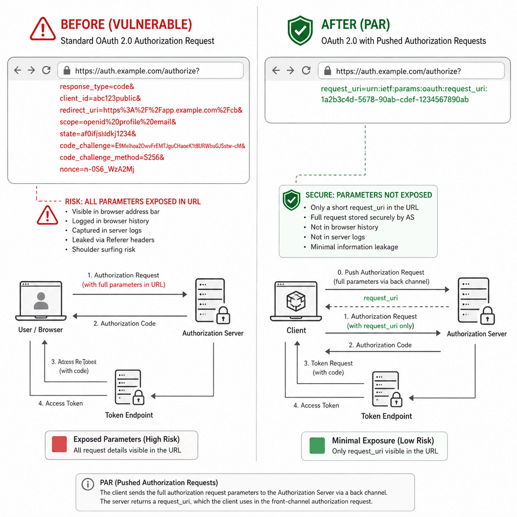 A clean, technical architectural diagram showing the standard OAuth 2.0 authorization code flow with parameters exposed in the browser URL bar. Use a muted color palette with red highlights on the URL parameters to indicate security risk. Style : minimalist vector illustration.