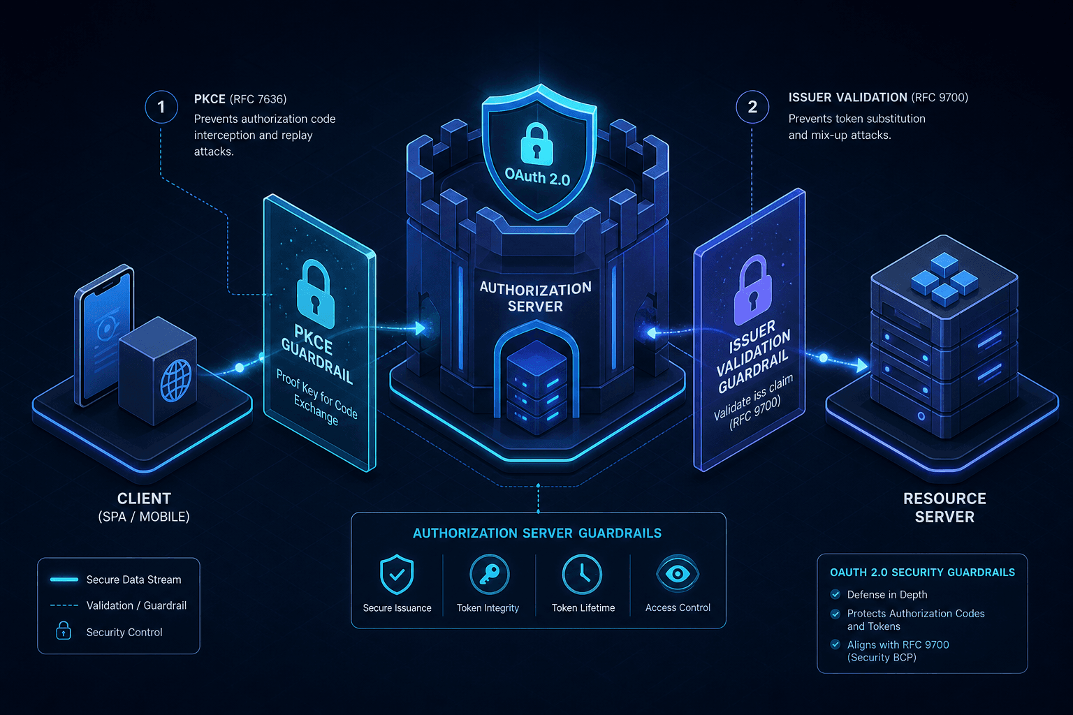 Diagram illustrating RFC 9700 security guardrails for OAuth 2.0.
