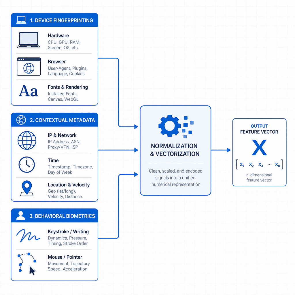 Technical diagram showing the signal ingestion pipeline for risk-based authentication. Three input streams : Device Fingerprinting (icons for hardware, browser, fonts), Contextual Metadata (IP globe, clock, velocity arrow), and Behavioral Biometrics (handwriting stroke, mouse …