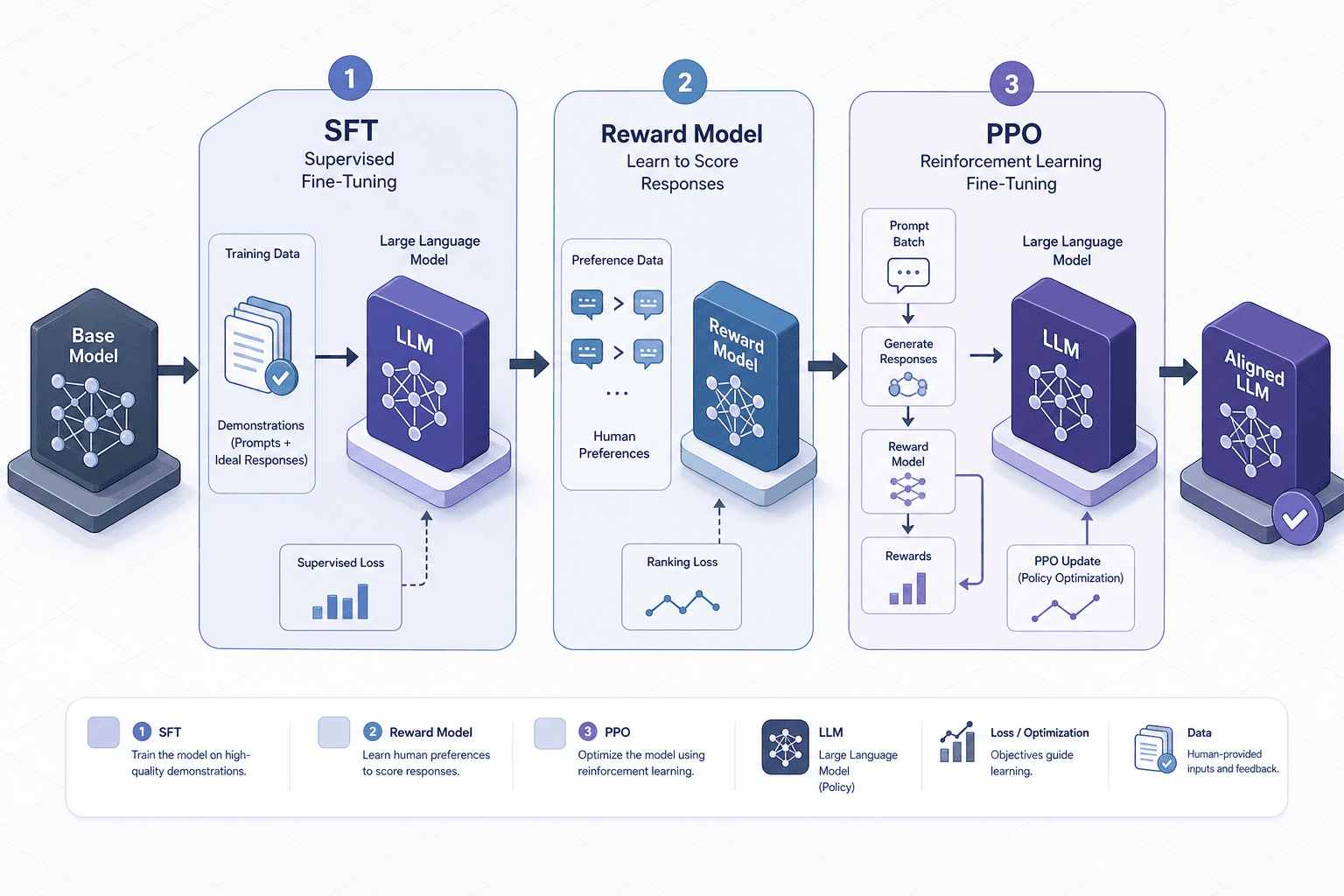 Diagram illustrating the three stages of RLHF: SFT, Reward Modeling, and PPO.
