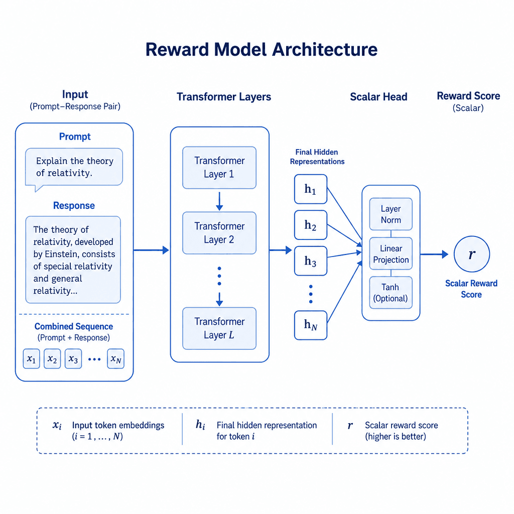 Technical diagram showing a transformer-based Reward Model architecture. Input is a prompt-response pair. Output is a scalar reward score. Clean, minimalist style, blue and white color palette, high contrast.