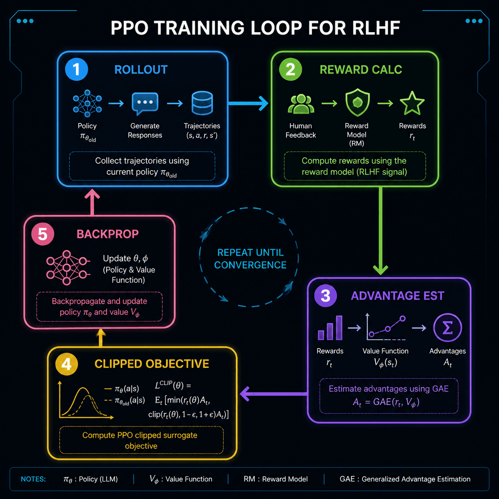 Flowchart of the PPO training loop for RLHF. Show steps : Rollout, Reward Calc, Advantage Est, Clipped Objective, Backprop. Arrows connecting steps. Technical diagram style, clean lines, dark background with bright accent colors.