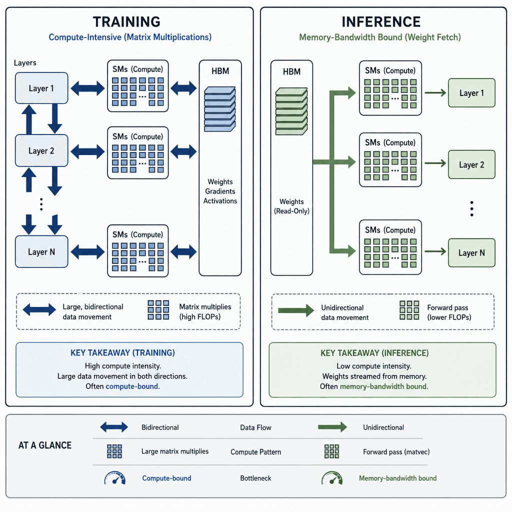 Schematic diagram comparing training vs inference data flow in a GPU, showing large matrix multiplications for training and weight fetching for inference.