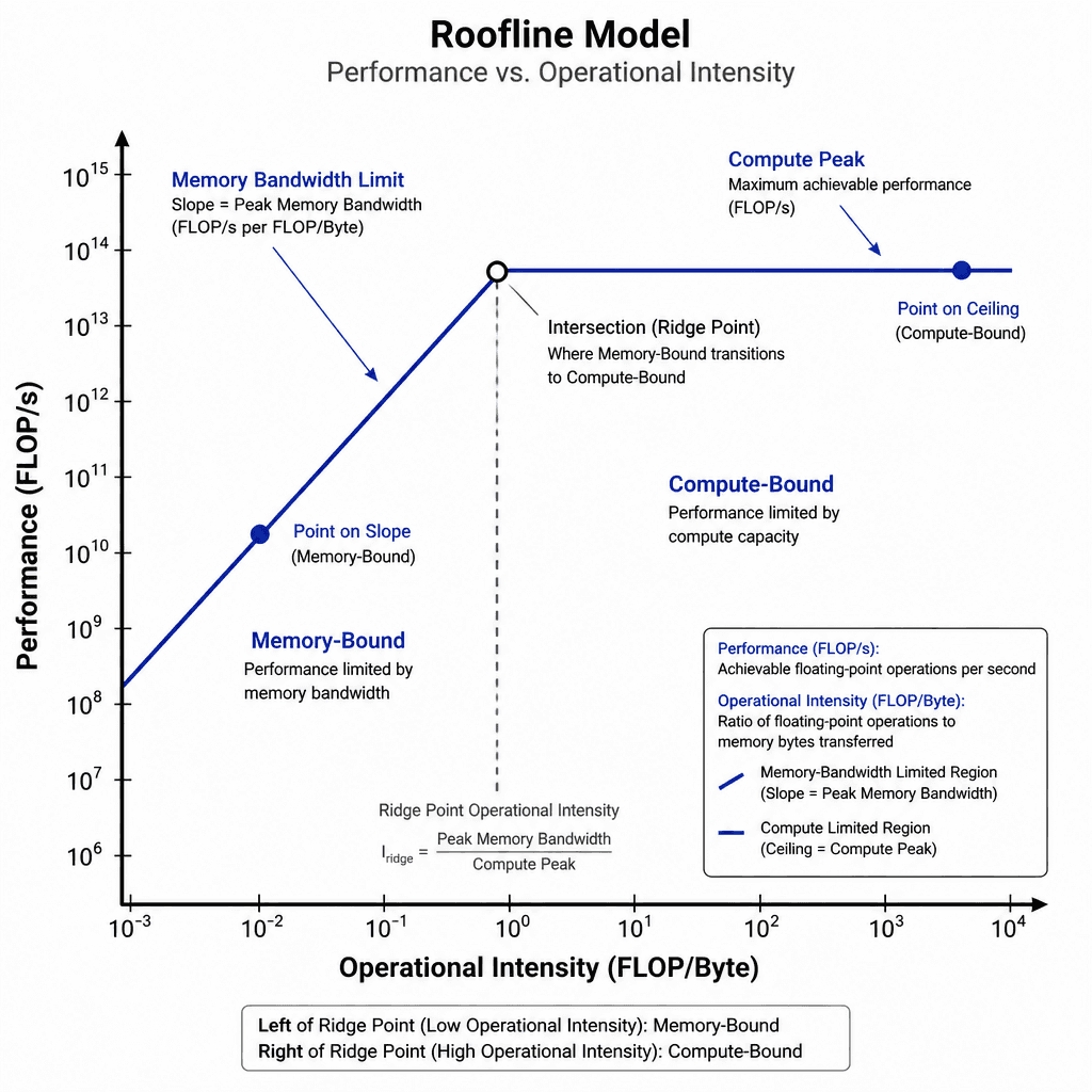 Detailed Roofline chart graph with axes for Performance (FLOP/s) and Operational Intensity (FLOP/Byte), showing the intersection point and regions.