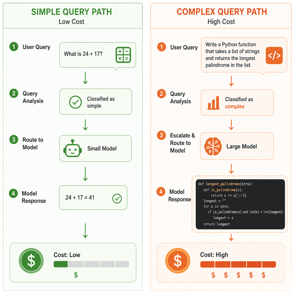 Side-by-side comparison diagram showing two query paths : one simple query going to a small model, and one complex query escalating to a large model, with cost indicators