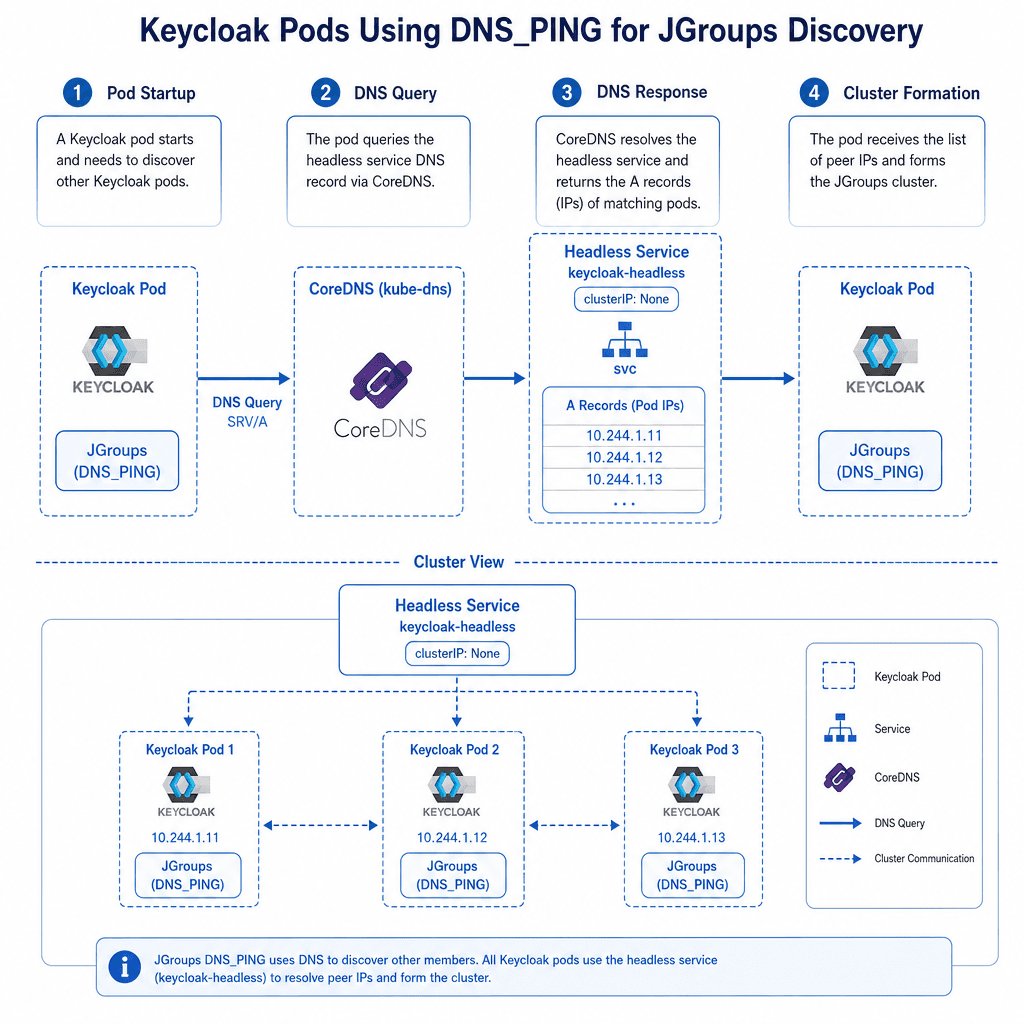 Technical diagram illustrating Keycloak pods in a Kubernetes cluster using DNS_Ping for JGroups discovery. Show pods querying a headless service DNS record to resolve IP addresses for cluster formation. Clean, minimalist style, blue and white color palette, clear labels for DN…