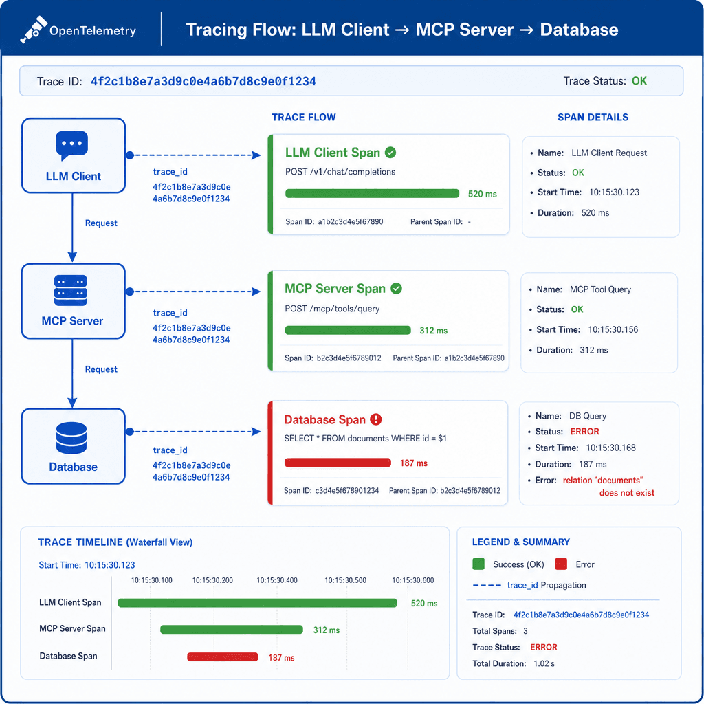 Technical diagram showing OpenTelemetry tracing flow. An LLM client sends a request that propagates a trace_id through an MCP server to a database. Spans are highlighted in green for success and red for error. Style : clean, architectural, blue and white color palette, high co…