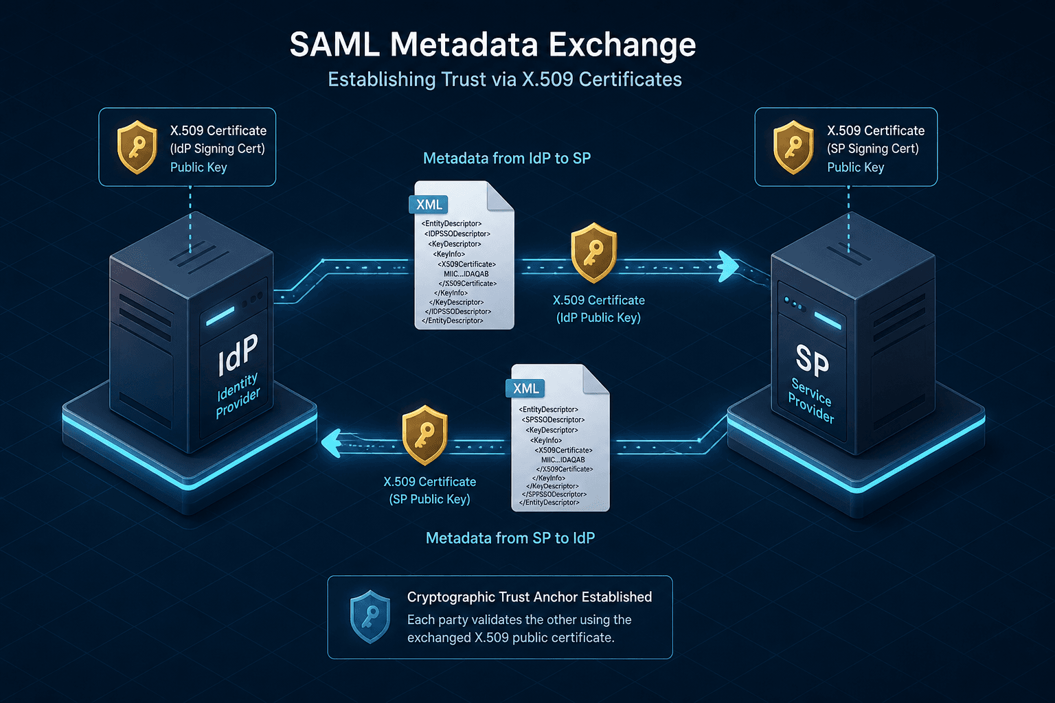 Diagram illustrating the SAML metadata exchange and trust establishment flow between Identity Provider and Service Provider.