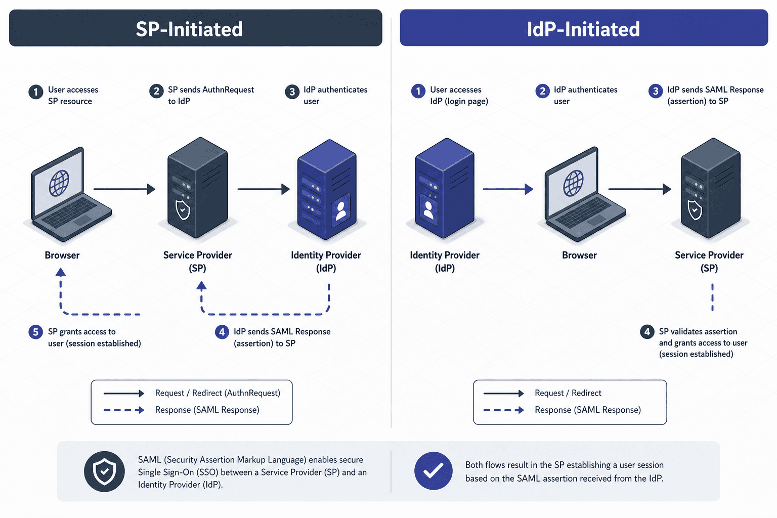 Diagram comparing SP-initiated and IdP-initiated SAML SSO flows.