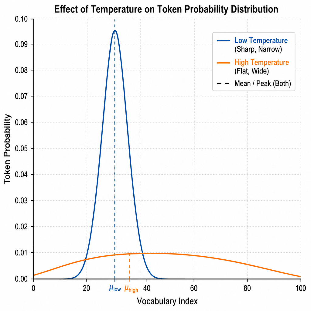 Technical line-art diagram comparing two probability distributions : a sharp, narrow peak labeled 'Low Temperature' and a flat, wide curve labeled 'High Temperature', both on the same axis.