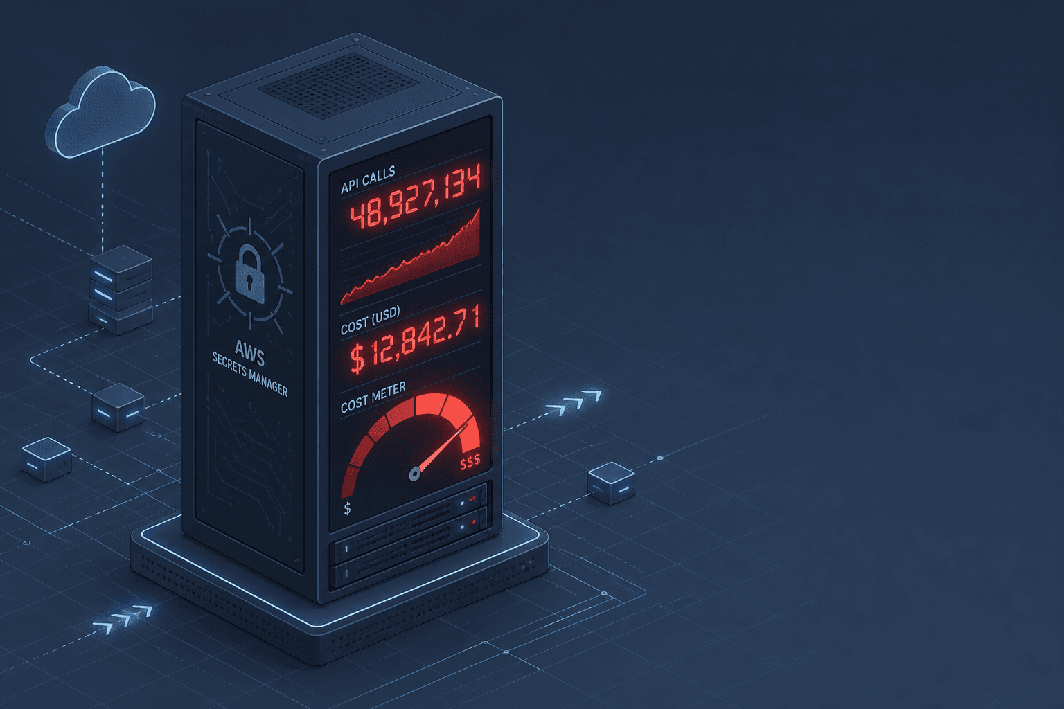 Diagram illustrating AWS Secrets Manager API call volume and cost accumulation.
