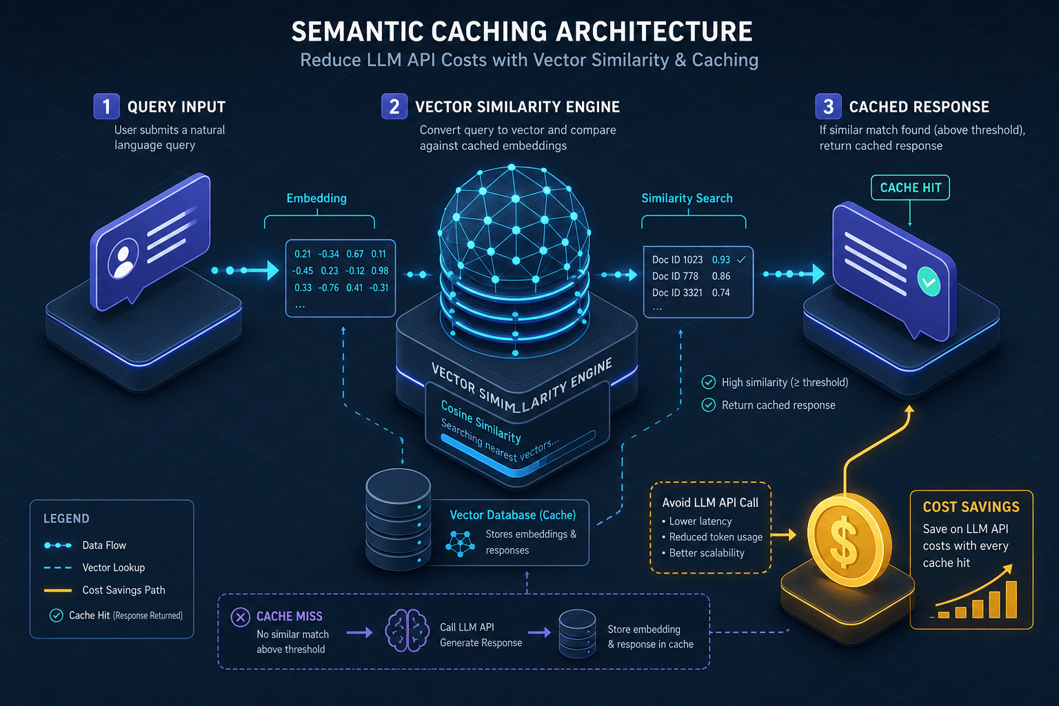 Diagram illustrating semantic caching reducing LLM API costs through vector similarity matching.