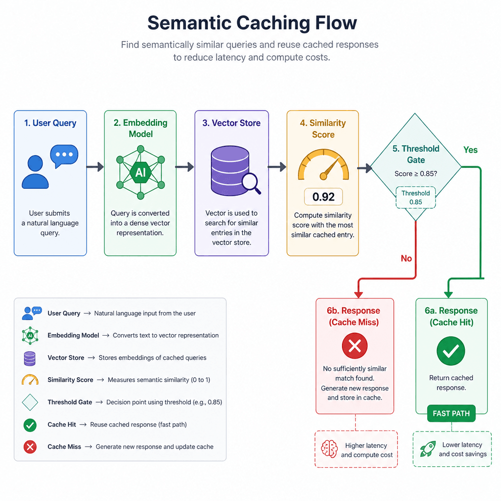 A flowchart illustrating the semantic caching mechanism : Input Prompt -> Embedding Model -> Vector -> Similarity Search -> Threshold Check -> Cache Hit or Miss, rendered in a clean technical style.