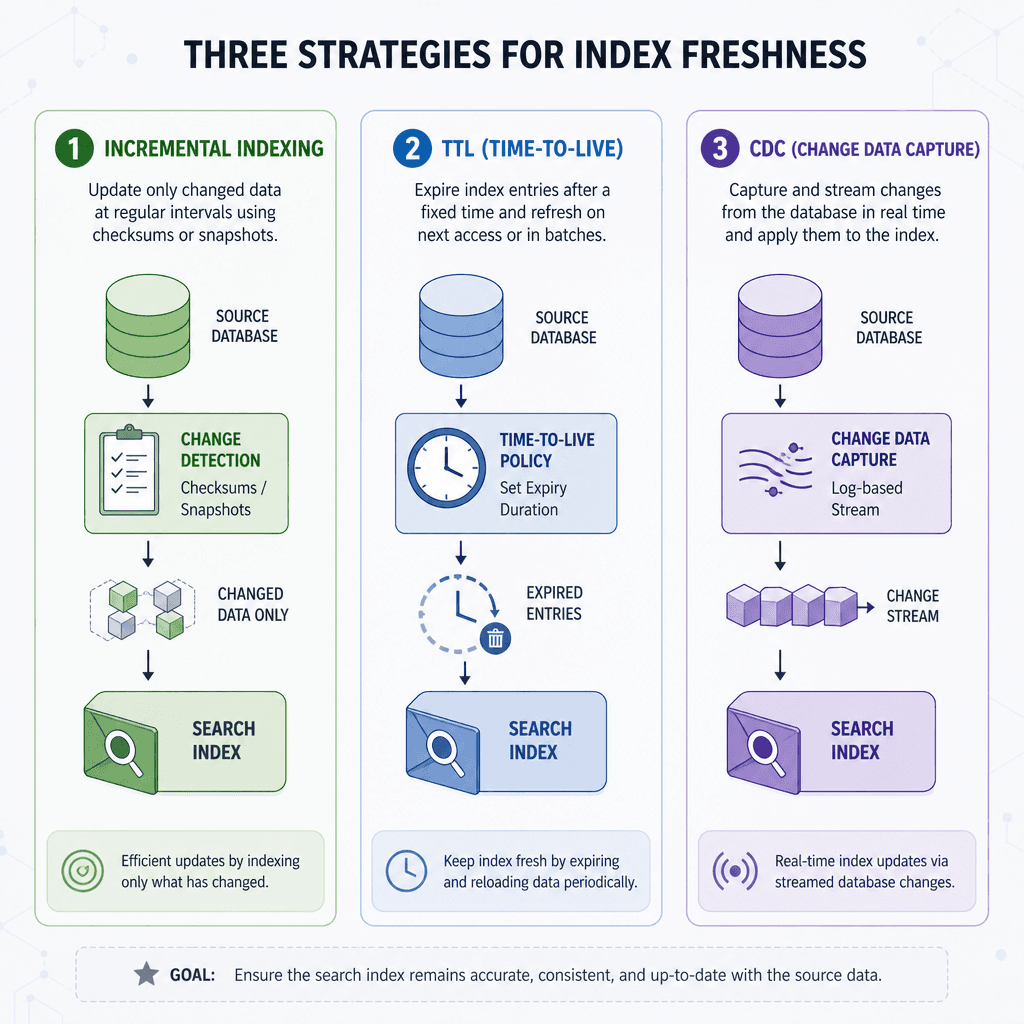 A technical diagram showing three strategies for index freshness : Incremental Indexing, TTL, and Change Data Capture, represented as distinct architectural blocks.