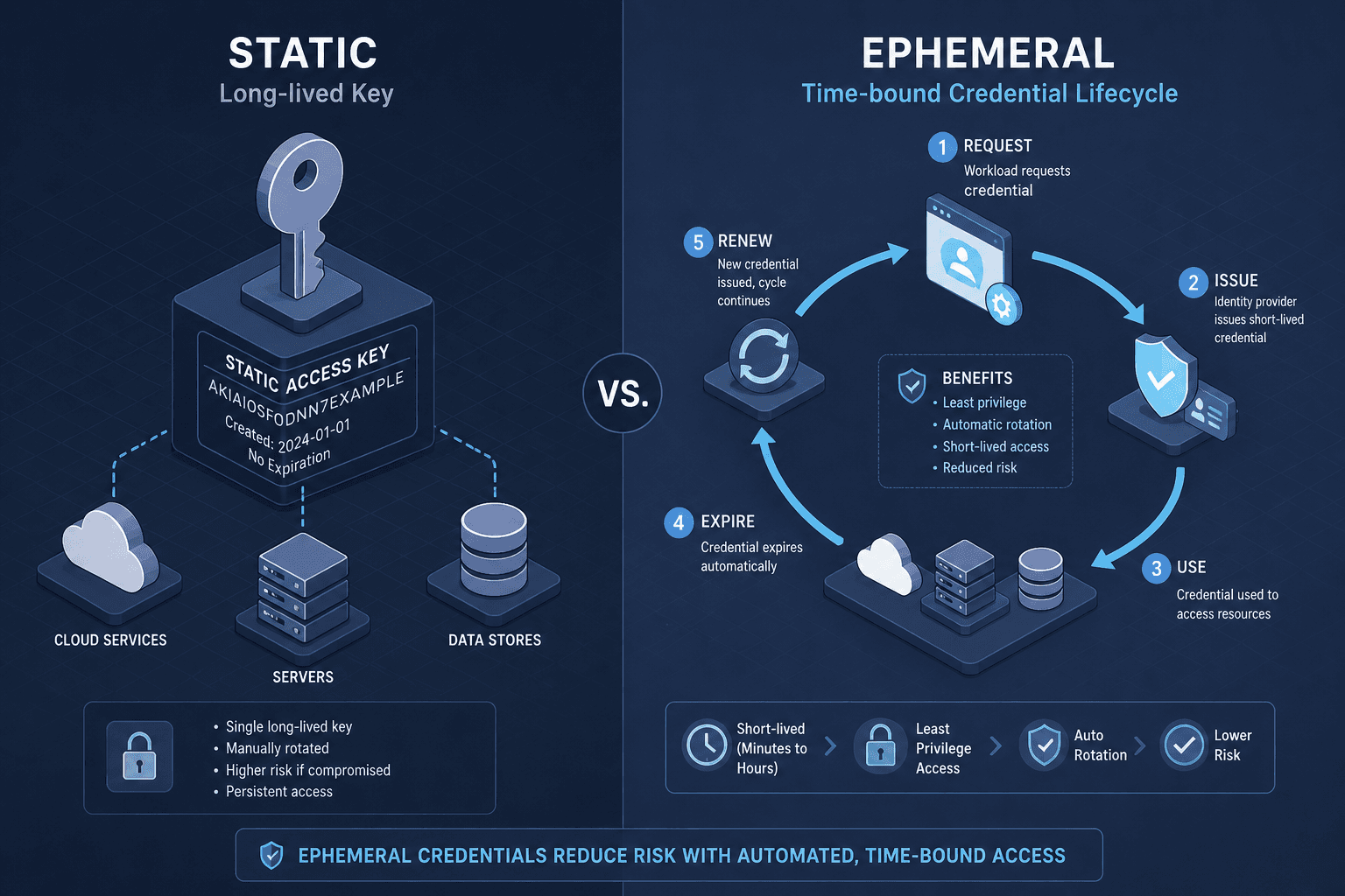 Diagram comparing static secrets vs ephemeral credentials lifecycle