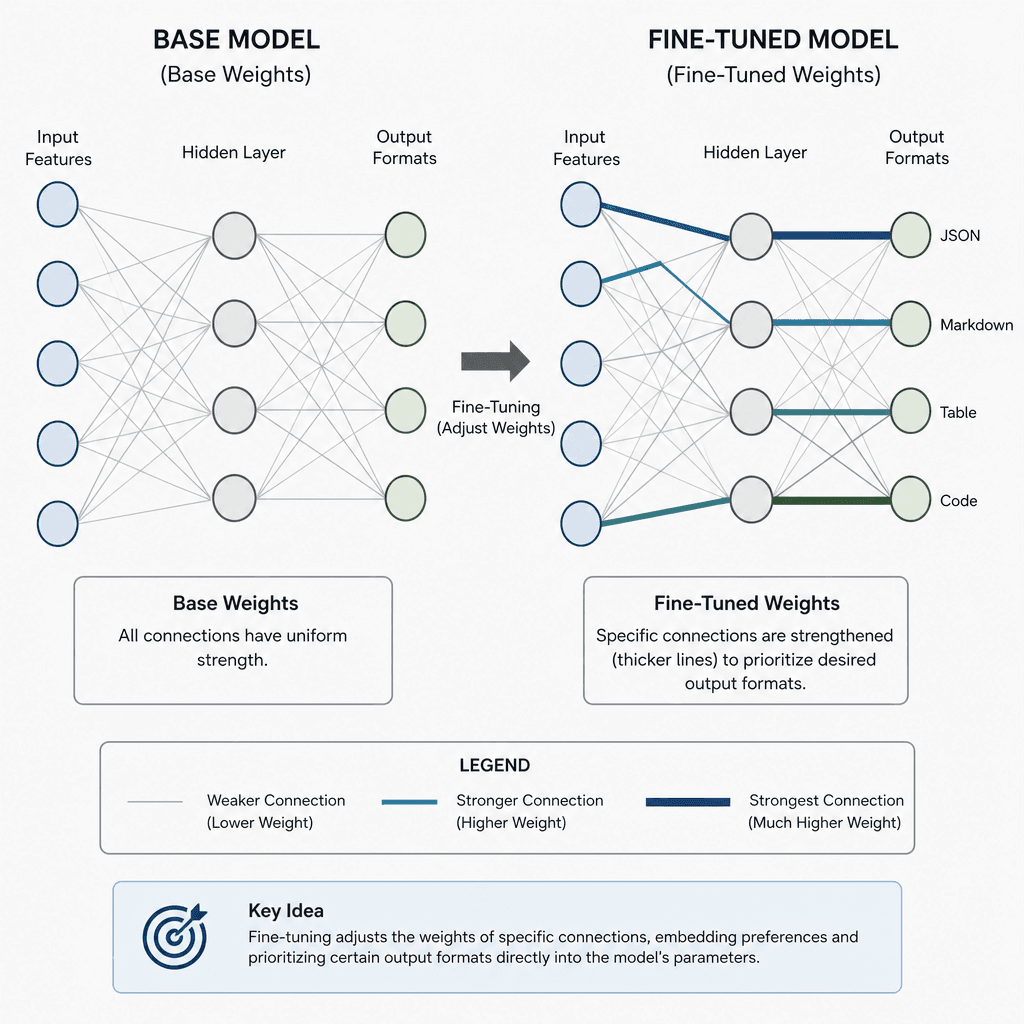 Conceptual diagram showing weight adjustment during fine-tuning. Visualize a neural network layer where specific connections are strengthened (thicker lines) to prioritize specific output formats. Contrast this with a static base model. Use technical illustration style, neutra…
