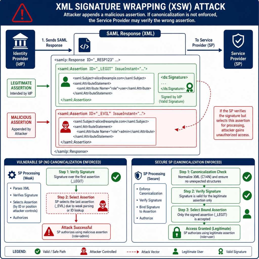 A technical architecture diagram illustrating an XML Signature Wrapping (XSW) attack. Show a SAML Response containing two assertions : a legitimate one signed by the IdP, and a malicious one appended by an attacker. Highlight how the Service Provider might verify the wrong sig…