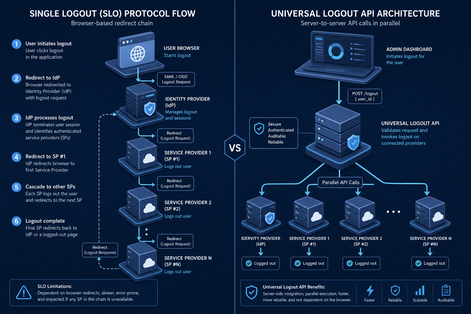 Diagram comparing Single Logout protocol flow versus Universal Logout API architecture.