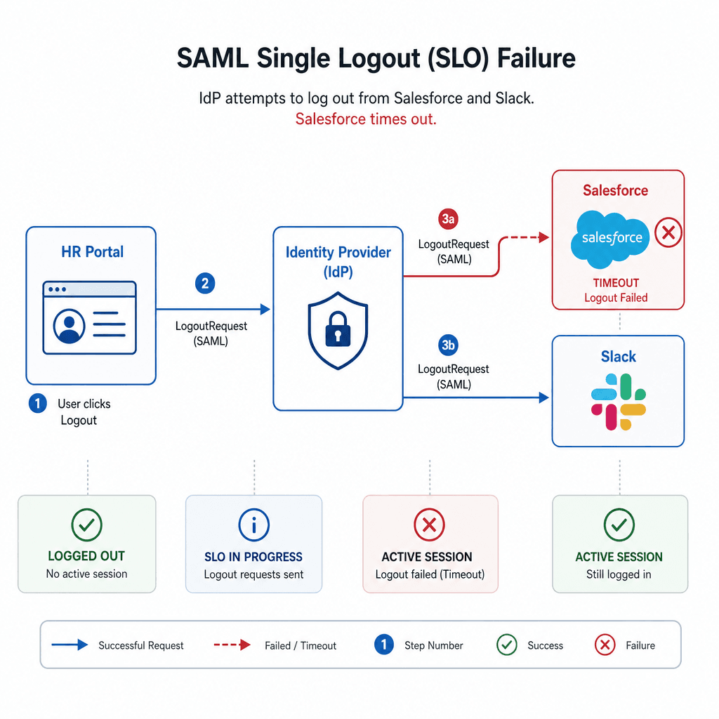 Technical diagram showing a SAML SLO failure. A user clicks logout on an HR portal. The IdP attempts to send LogoutRequests to Salesforce and Slack. Salesforce is marked with a red 'X' or timeout symbol. The HR portal shows 'Logged Out' while Salesforce and Slack still show ac…