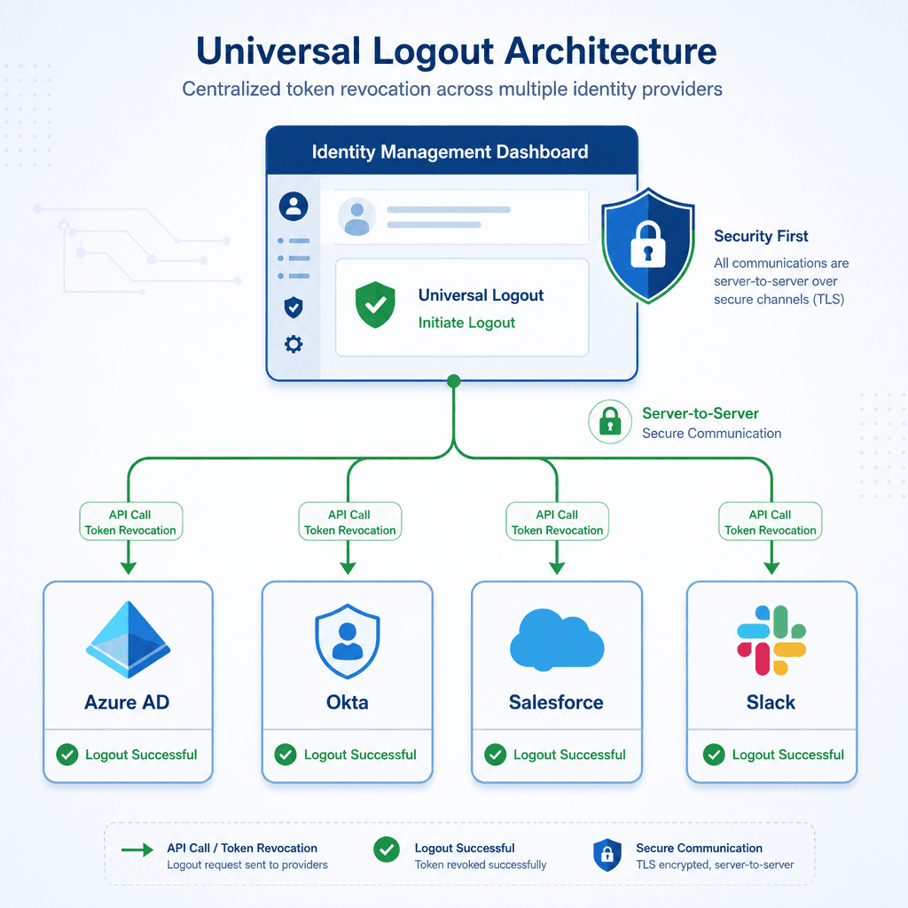 Architecture diagram illustrating Universal Logout. A central Identity Management Dashboard sends parallel API calls to multiple downstream providers (Azure AD, Salesforce, Slack). Arrows indicate server-to-server communication. A shield icon represents security. Clean, techni…