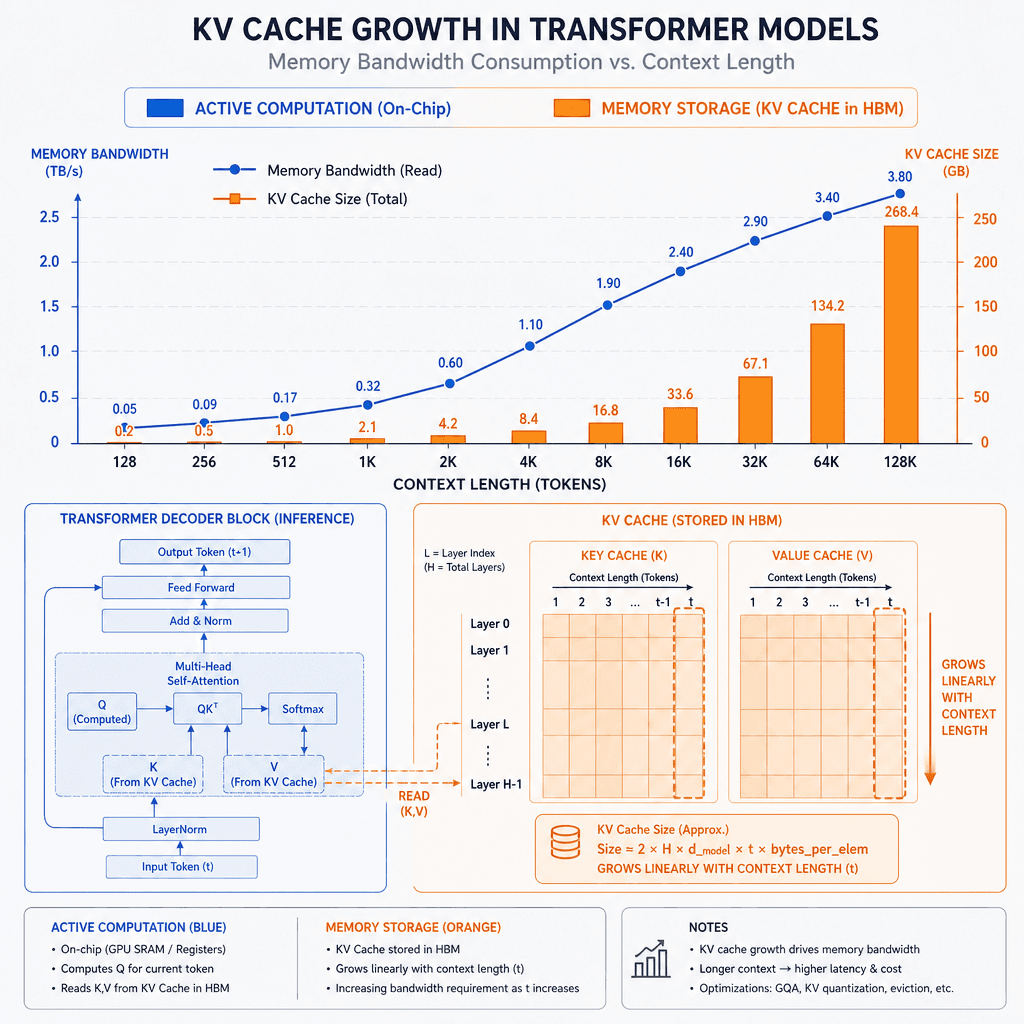 Technical diagram showing the growth of a Key-Value cache in a transformer model. Visualize memory bandwidth consumption as context length increases. Use a clean, schematic style with blue and orange color coding to distinguish between active computation and memory storage.