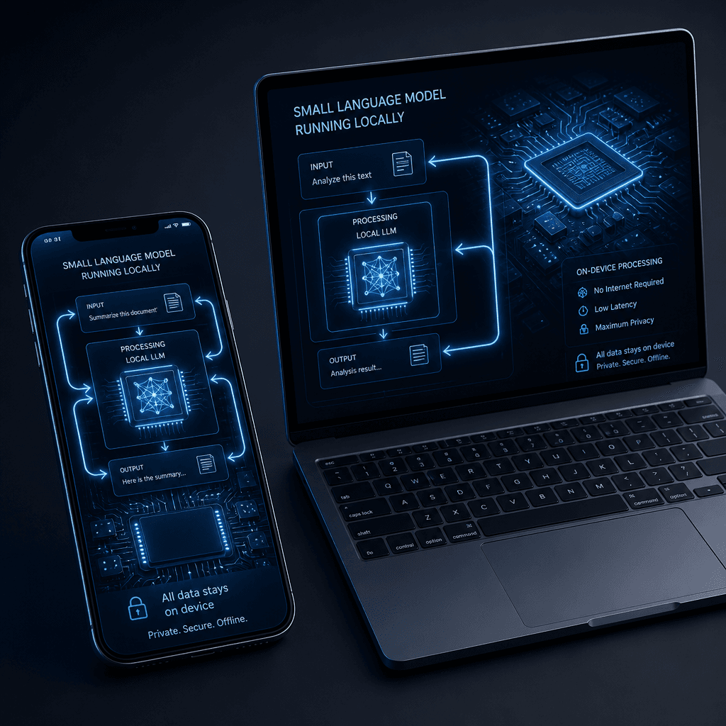 Illustration of an edge device (smartphone or laptop) running a small language model locally. Show data flowing within the device, emphasizing privacy and lack of network dependency. Use a modern tech aesthetic with cool tones.