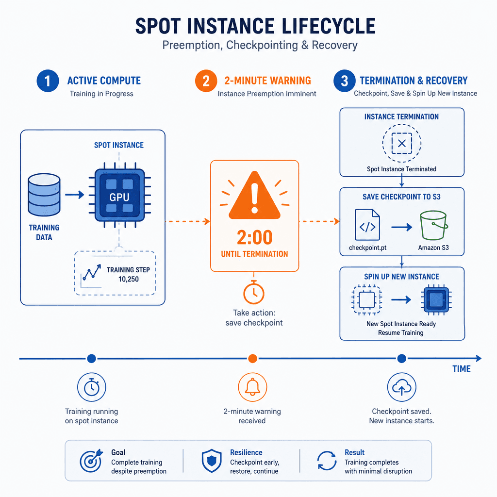 Technical diagram showing a timeline of a spot instance lifecycle. Left side : active training with data flowing into GPU. Middle : '2-Minute Warning' alert pops up. Right side : Instance termination, checkpoint saving to S3, and new instance spinning up. Style : clean archite…