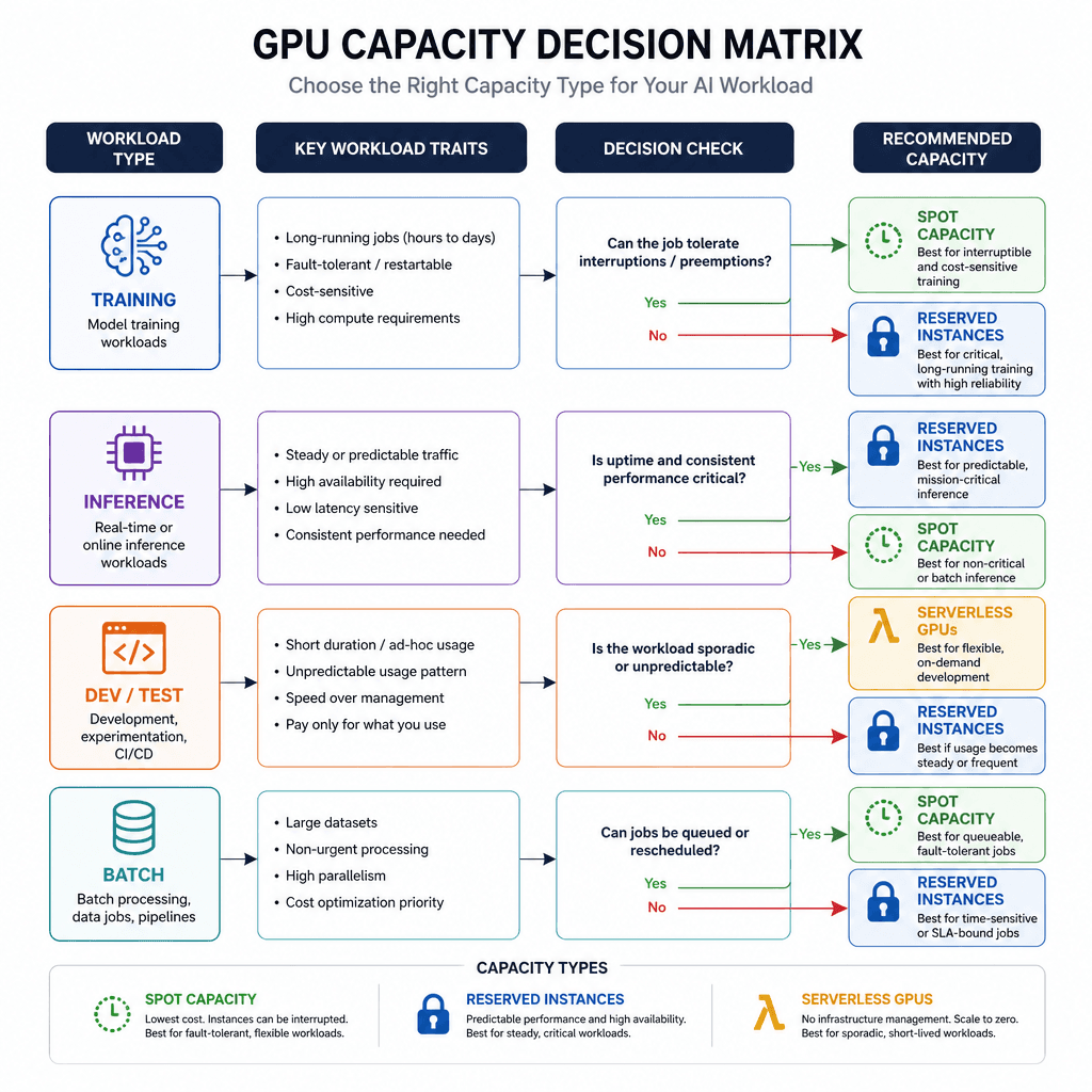 A decision matrix or flowchart for choosing GPU capacity. Nodes : Training, Inference, Dev, Batch. Arrows pointing to Spot, RI, or Serverless based on workload traits. Style : technical flowchart, clean lines, professional color scheme, white background.