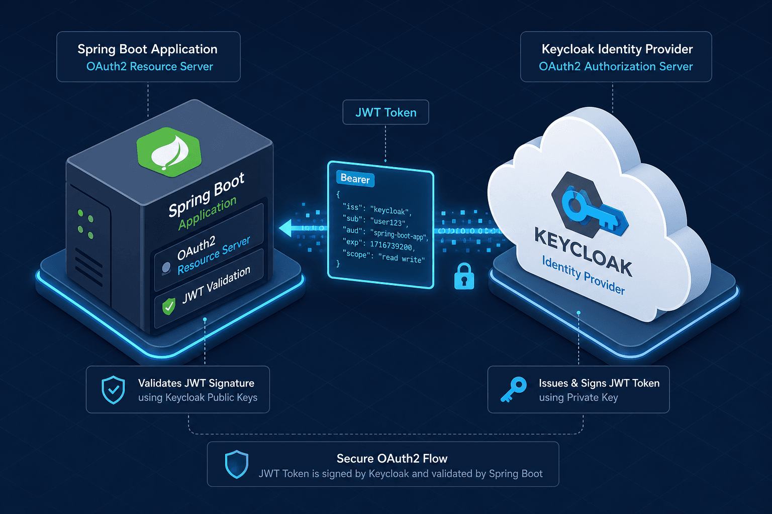 Diagram showing Spring Boot application communicating with Keycloak via JWT tokens.