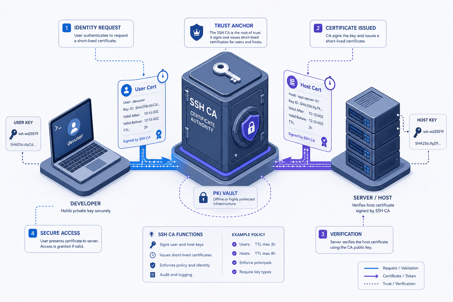 Diagram illustrating SSH Certificate Authority workflow with short-lived credentials.