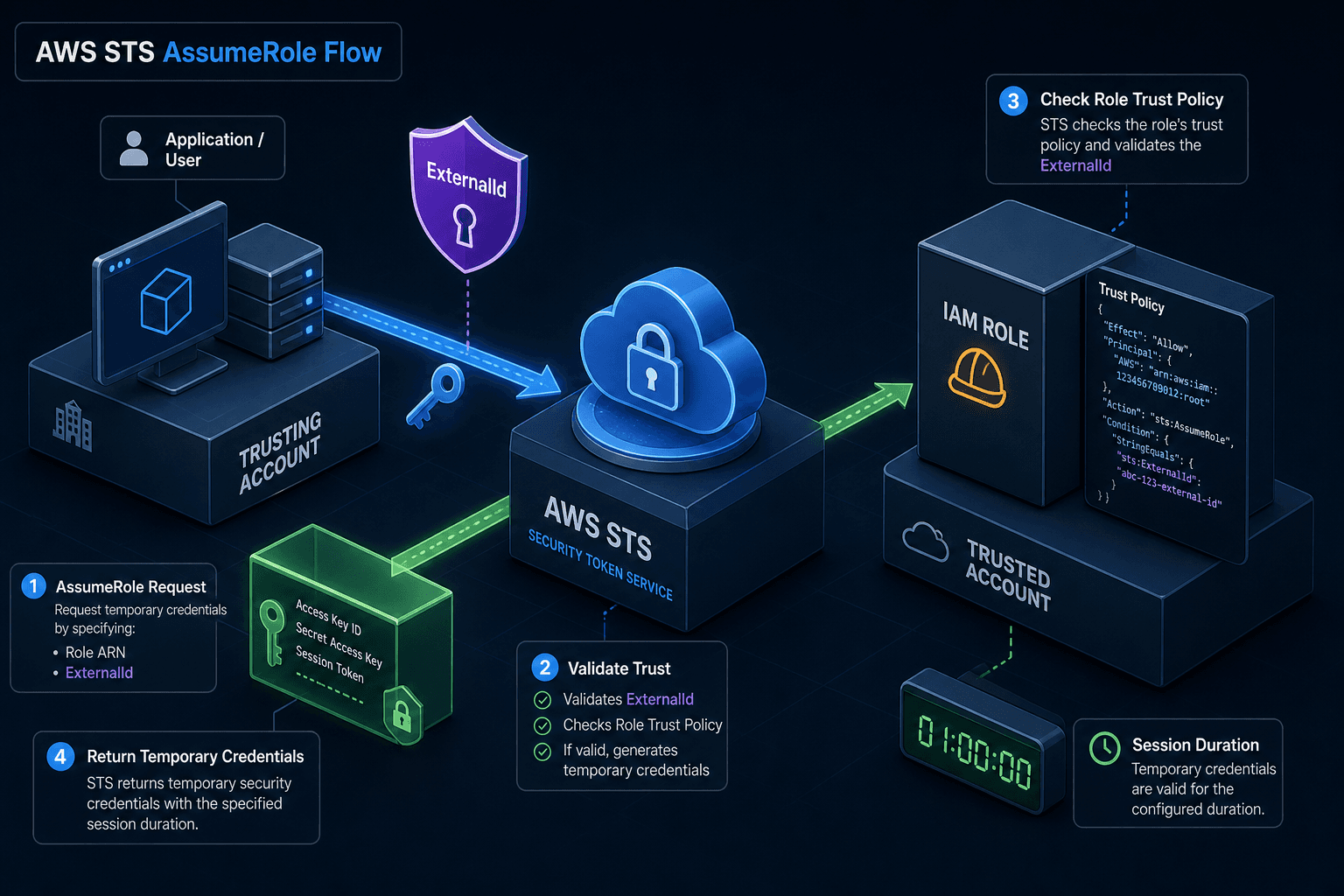 Diagram illustrating AWS STS AssumeRole flow with temporary credentials, external IDs, and session tags.