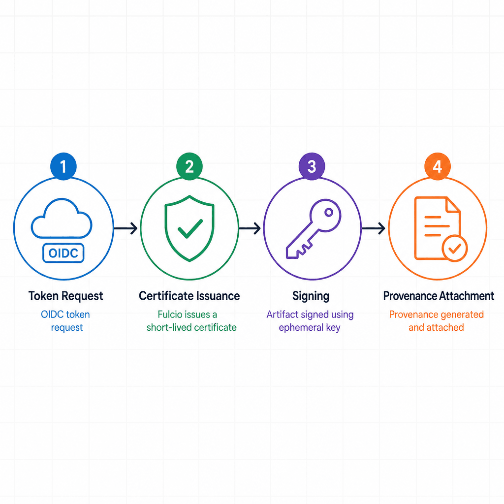 A schematic sequence diagram showing the keyless signing process : Step 1 OIDC token request, Step 2 Fulcio certificate issuance, Step 3 Artifact signing with ephemeral key, Step 4 Provenance attachment, rendered in flat technical style.