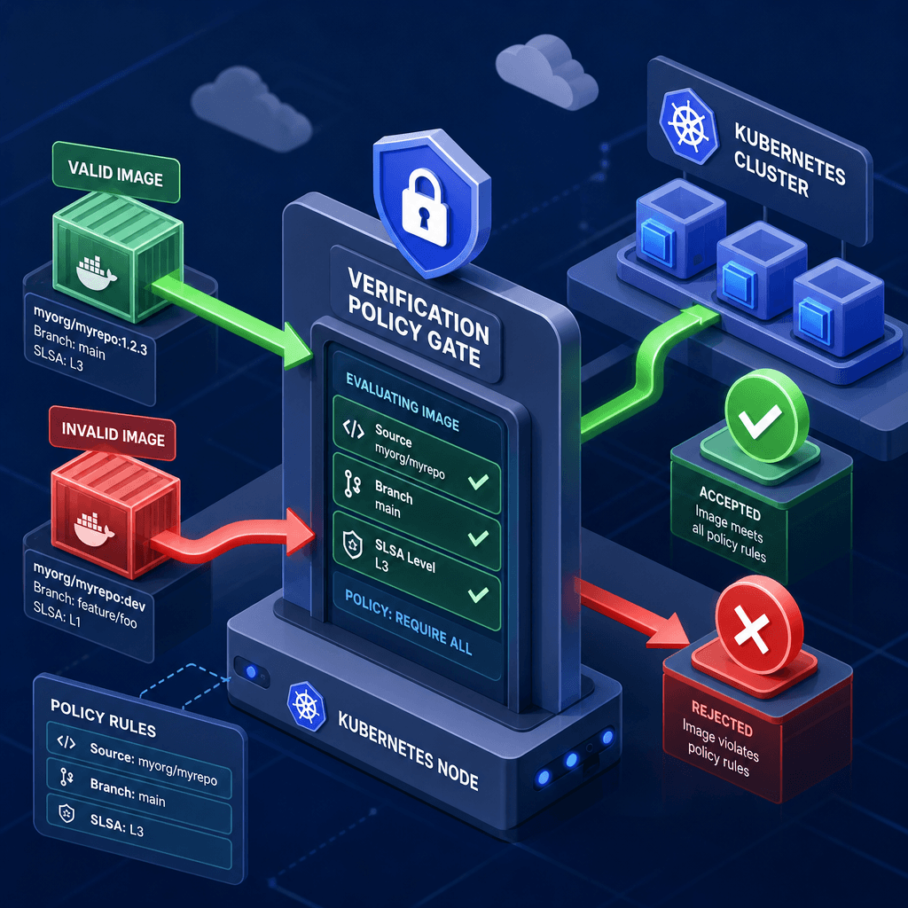 A conceptual diagram of a verification policy gate in a Kubernetes cluster, showing a container image being scanned against rules like Source, Branch, and SLSA Level, with a green checkmark for valid and red X for invalid, rendered in isometric style.
