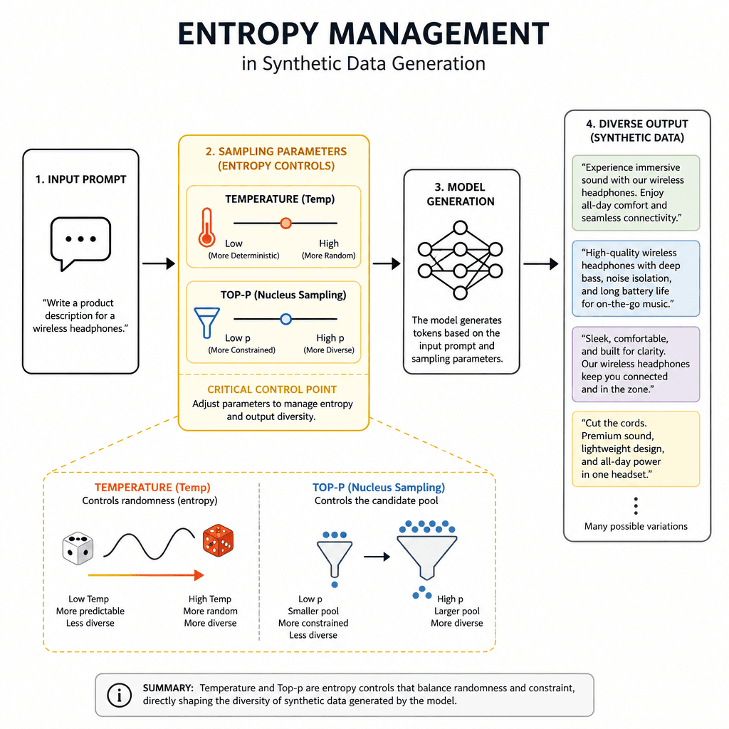 A schematic flowchart illustrating the 'Entropy Management' process in synthetic data generation, showing parameters like temperature and top-p influencing the output diversity.