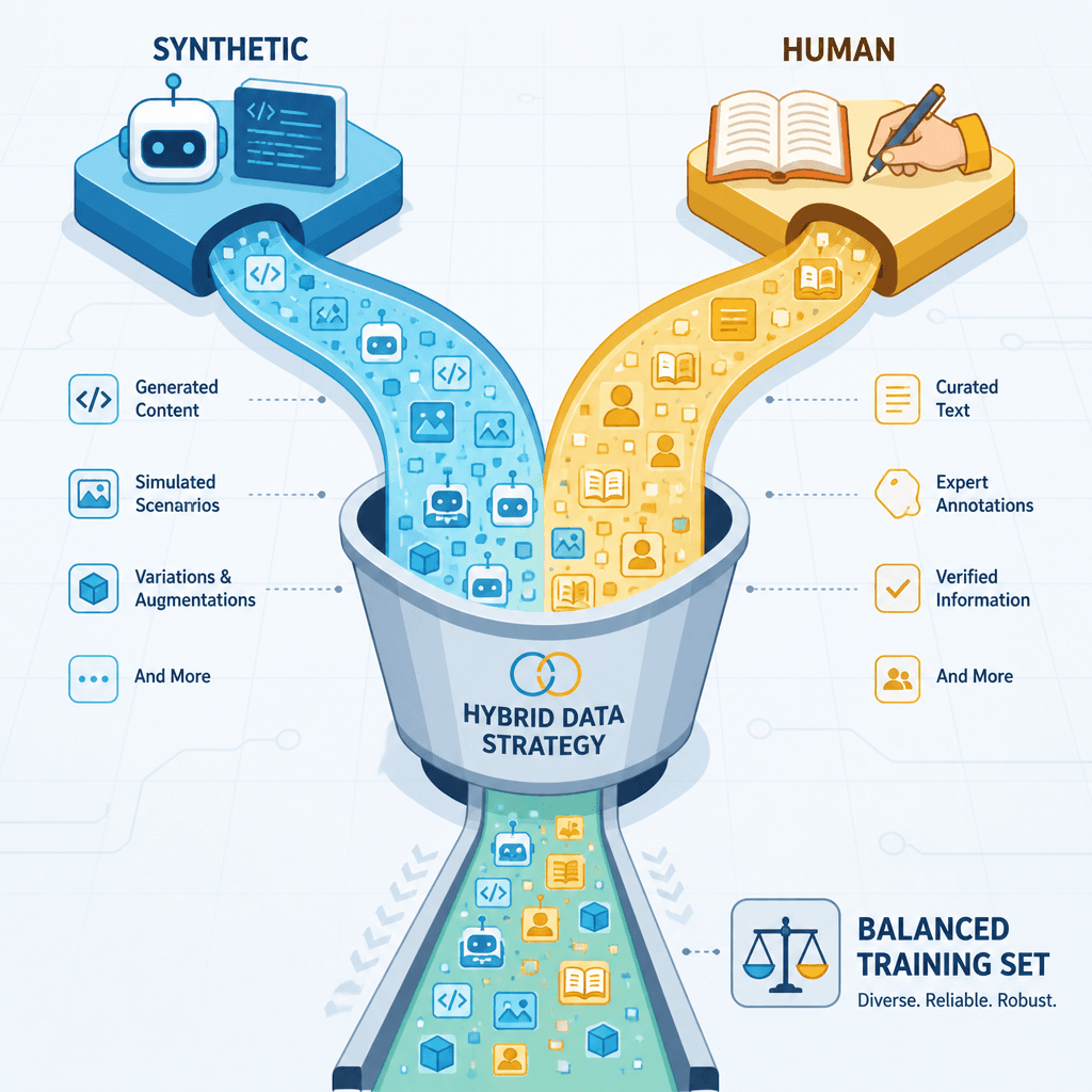 A visual representation of 'Hybrid Data Strategies' showing a mixing bowl or pipeline where synthetic data streams merge with human-curated data streams to form a balanced training dataset.
