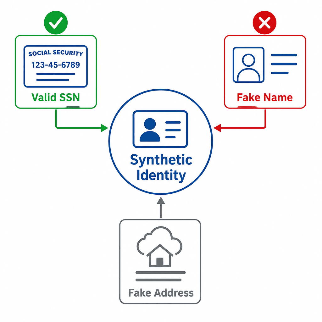 A clean, technical diagram illustrating the concept of synthetic identity fraud. Show a central node representing a fake identity composed of mixed inputs : a green checkmark next to a valid SSN icon, a red X next to a fake name icon, and a gray cloud for a fake address. Arrow…