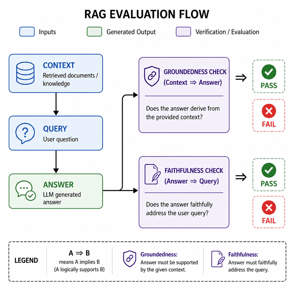 Flowchart showing RAG evaluation process with context, query, and answer nodes, highlighting entailment checks for faithfulness and groundedness.