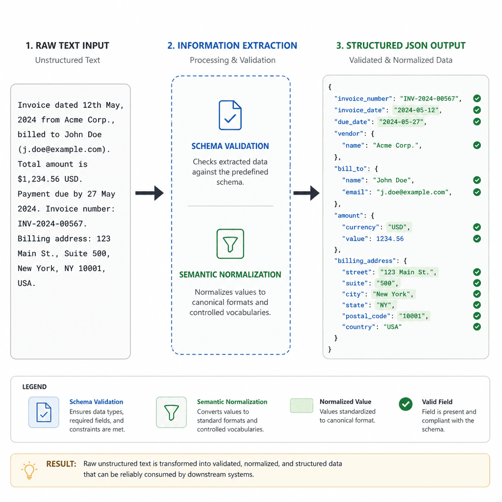 Diagram comparing raw text input to structured JSON output, highlighting schema compliance and semantic value extraction for Information Extraction.