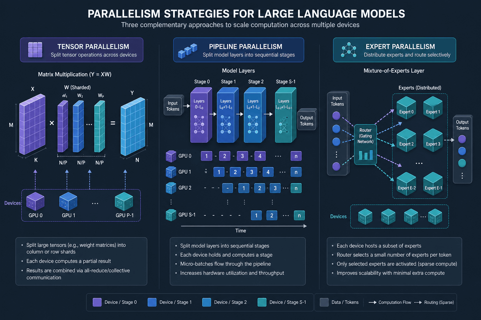 Diagram comparing tensor, pipeline, and expert parallelism architectures.