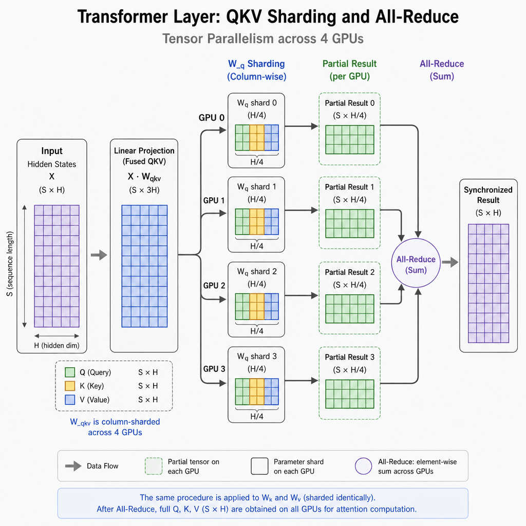 Schematic diagram of a Transformer layer showing Query-Key-Value matrix sharding across four GPUs with an All-Reduce synchronization step.