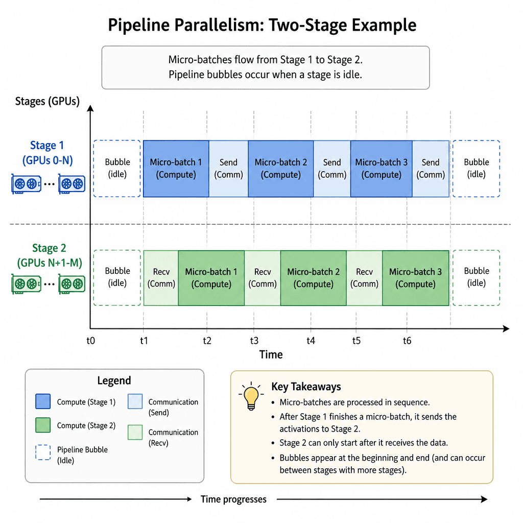 Diagram illustrating pipeline parallelism stages where data flows sequentially from one group of GPUs to the next, showing pipeline bubbles.