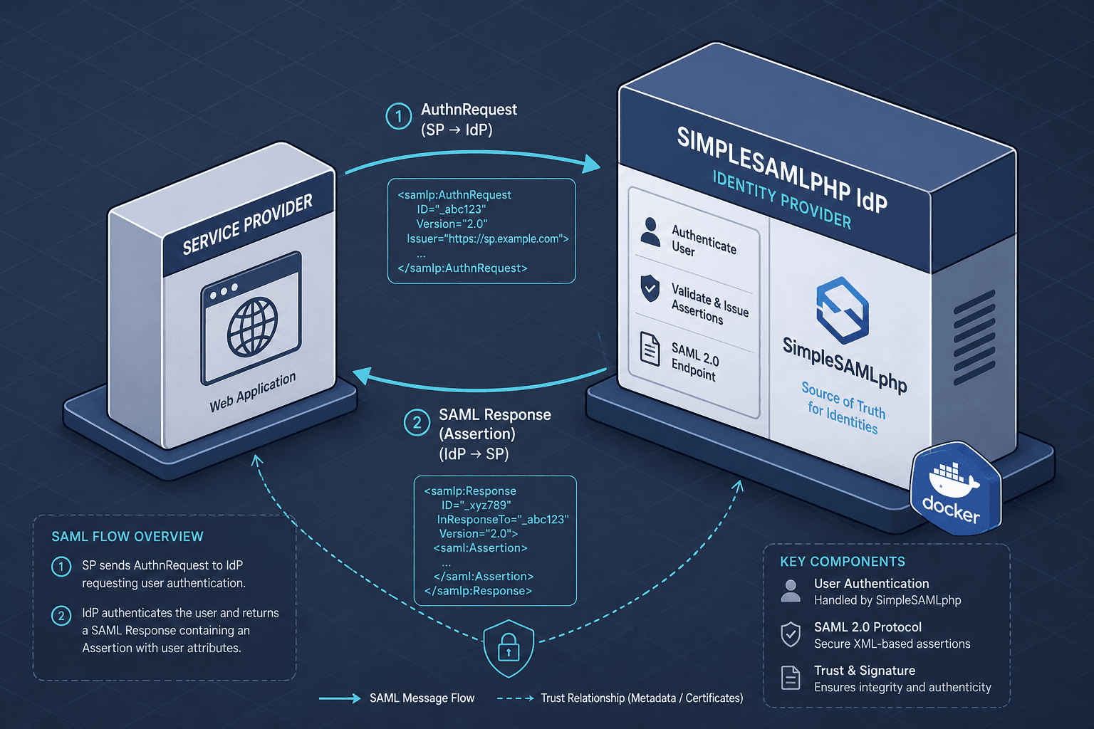 Diagram showing the interaction between a Service Provider and a SimpleSAMLphp Identity Provider.