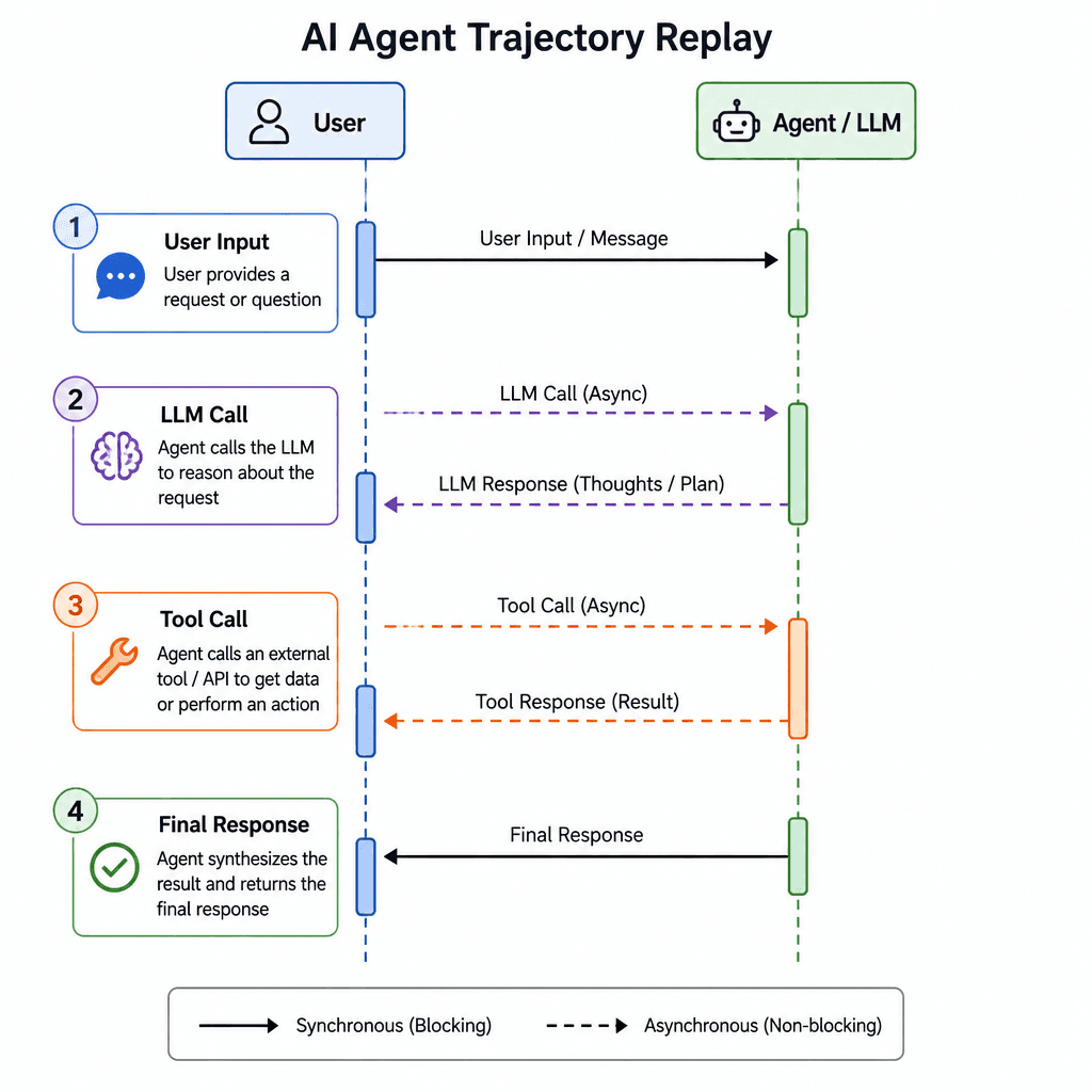 A sequence diagram visualizing an AI agent's trajectory replay, showing steps like user input, LLM call, tool call, and final response as a vertical flow.