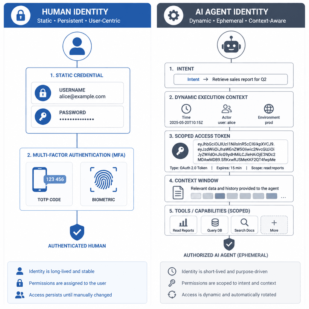 Technical architecture diagram showing the difference between human identity (static credential + MFA) and AI agent identity (dynamic execution context, scoped tokens, and intent). Use a clean, minimalist style with blue and grey tones.