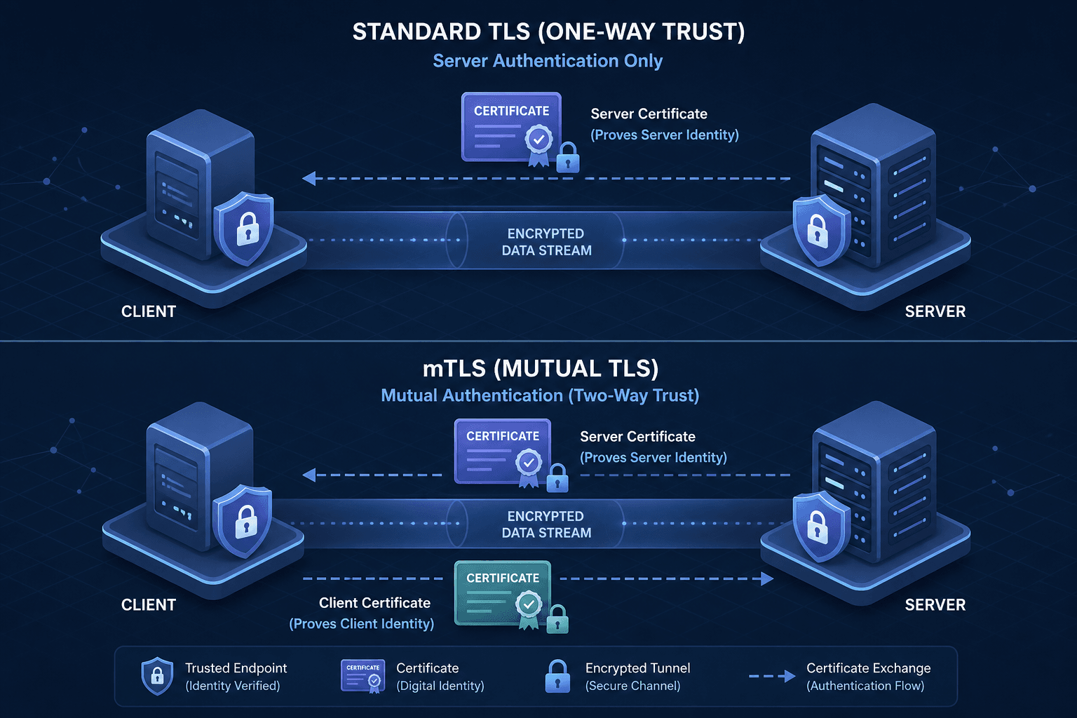 Diagram showing the bidirectional trust model of mTLS versus standard TLS.