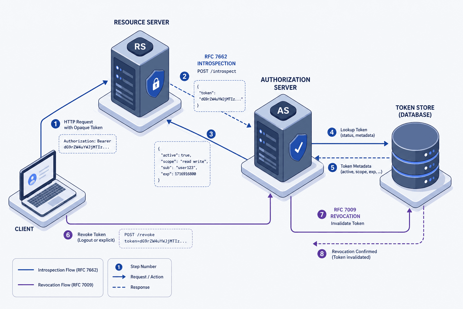 Diagram illustrating the interaction between Resource Server, Authorization Server, and Opaque Token lifecycle.